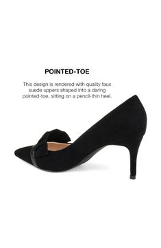 Show off elegant style in the ruffle pump by Journee Collection. These pointed-toe pumps feature soft faux suede uppers and ruffle detail at the toes. Skinny stiletto high heels add the perfect height to this classic pump design. Sizing: This style fits true to size. M=standard width. - Pointed toe - Ruffle toe design - Stiletto heel - Approx. 2.75" heel - Imported Orders cannot be shipped to Canada and Puerto Rico. Synthetic upper, manmade sole Suede Heels With Bow For Evening, Evening Suede Heels With Bow, Chic Suede Kitten Heels With Round Toe, Chic Suede Kitten Heels For Office, Chic Suede Kitten Heels For Evening, Chic Round Toe Pumps For Party, Elegant Suede Kitten Heels For Party, Chic Suede Kitten Heels With Padded Heel, Chic Suede Kitten Heels For Work