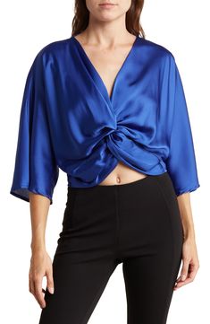 Renee C Plunge Neck Long Sleeve Twisted Knot Satin Top | Nordstromrack Chic Evening Top With Twist Front, Fitted Twist Front Top For Evening, Fall Twist Front V-neck Top, Twist Front Long Sleeve Top For Night Out, Long Sleeve Twist Front Top For Night Out, Spring Long Sleeve V-neck Top For Night Out, Spring Long Sleeve Twist Front Top, Spring Long Sleeve Top With Twist Front, Spring Twist Front Long Sleeve Top