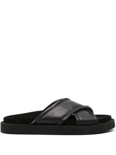 black calf leather suede panelling round open toe crossover strap at the toe moulded footbed branded footbed flat rubber sole slip-on style Black Open Toe Slides With Rubber Sole, Black Open Toe Sporty Slides, Black Slip-on Slides With Leather Sole, Luxury Men's Slides With Buckle Closure, Luxury Black Slides With Buckle Closure, Aviator Watch, Balenciaga Track, Balenciaga Triple S, Slides Shoes