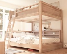 a wooden bunk bed sitting on top of a hard wood floor next to a window