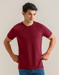 This maroon tee has a luxuriously soft cotton spandex blend that drapes perfectly, offering comfort with a modern twist. The smart fit smoothly wraps your body and the crew neck securely rests on you. This plain maroon t-shirt can be paired with Brian Oak's denims or chinos for a smart casual look. 94% Cotton and 6% Spandex Smart Fit Crew Neck Same Color Embroidered Logo Half Sleeves Resistant to Pilling Burgundy Cotton T-shirt With Crew Neck, Burgundy Cotton Crew Neck Top, Maroon Tshirt, Maroon T Shirt, Polo Fashion, Smart Fit, Check Shirts, Polo Design, Maroon Shirts