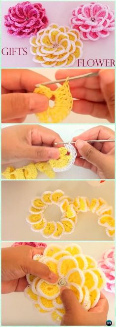 crochet flowers are being made with yarn and yarns to make them look like they