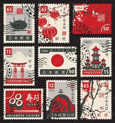 Sellos sobre el tema de japón | Vector Premium Japan Design Graphic, Asian Symbols, Cultural Design, Japanese Symbols, Japanese Stamp, Postage Stamp Design, Japanese Poster Design, طابع بريدي