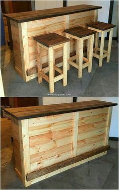 an image of a bar made out of pallets and wooden planks with stools