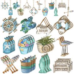 watercolor painting of various items from the ocean