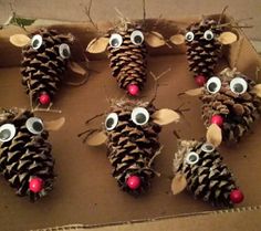 some pine cones with googly eyes are in a box