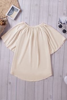 Beige Split Neck Pleated Loose Blouse Beige Solid Color Blouse For Summer, Solid Color Beige Summer Blouse, Chic Plain Summer Blouse, Elegant Solid Color Blouse For Vacation, Flowy Beige Short Sleeve Blouse, Beige Flowy Short Sleeve Blouse, Flowy Beige Summer Tops, Flowy Beige Blouse For Vacation, Flowy Cream Blouse For Summer