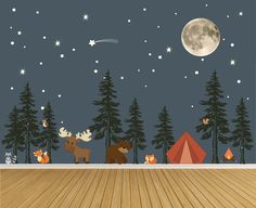 an image of a night scene with animals and campfires in the woods wall decal