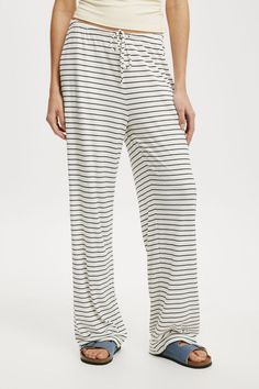 Bella Wide Leg Pant Casual Sleepwear Trousers With Elastic Waistband, Casual Sleepwear With Elastic Waistband And Straight Leg, Relaxed Fit Drawstring Bottoms For Daywear, Casual Sleepwear With Drawstring And Relaxed Fit, Casual Relaxed Fit Sleepwear With Drawstring, Relaxed Drawstring Pants For Lounging, Striped Stretch Pants For Loungewear, Stretch Striped Pants For Loungewear, Comfortable Drawstring Loungewear Bottoms