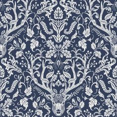 a blue and white wallpaper with deer heads