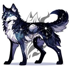 a black and white wolf with stars on it's chest, standing in front of the