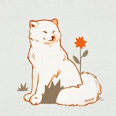 an orange and white cat sitting next to a flower