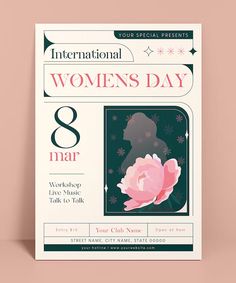 the international women's day flyer is displayed on a pink background with an image of a woman holding a flower