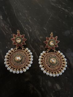 Indian earrings Round Kundan Earrings In Temple Jewelry Style, Jeweled Chandbali Danglers For Festive Season, Traditional Jeweled Pearl Earrings For Party, Kundan Earrings With Latkans, Fusion Stone Work Earrings For Diwali, Fusion Style Stone Work Earrings For Diwali, Bollywood Style Round Earrings For Celebration, Traditional Jeweled Pearl Earrings For Celebration, Festival Chandbali Pearl Earrings With Jewels