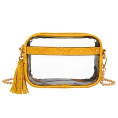 This stylish transparent Natalia crossbody bag by Mellow World features a detachable crossbody strap. This stylish transparent Natalia crossbody bag by Mellow World features a detachable crossbody strap. 5.5"H x 7.5"W x 2"D Crossbody strap length: 21.5" Zipper closure Gold-tone hardware Exterior: 1 slip pocket, tassel accentCONSTRUCTION & CARE PU and PVC Spot clean Imported WARNING: This product can expose you to chemicals including Lead, Butyl benzyl phthalate (BBP)d, Di-n-butyl phthalate ( Clear Crossbody Shoulder Bag With Zipper, Clear Crossbody Shoulder Bag With Zipper Closure, Clear Crossbody Bag With Adjustable Strap, Clear Crossbody Shoulder Bag With Detachable Strap, Clear Shoulder Bag With Detachable Strap For Travel, Gold Crossbody Shoulder Bag With Clear Strap, Clear Plastic Shoulder Bag With Clear Strap, Yellow Python, Accessories Guide