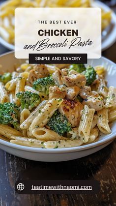 the best ever chicken and broccoli pasta is served in a white bowl on a wooden table