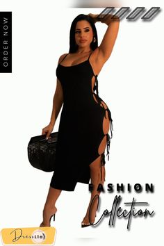 Solid Color Side Cut Out Lace Up Bodycon Dress Bodycon Midi Dress With Side Slits For Summer, Spring Bodycon Mini Dress With Side Slits, Knee-length Bodycon Dress For Vacation, Spring Bodycon Dress With Side Slits, Chic Knee-length Bodycon Vacation Dress, Chic Knee-length Bodycon Dress For Vacation, Vacation Bodycon Knee-length Dress, Vacation Knee-length Bodycon Dress, Summer Bodycon Sheath Midi Dress