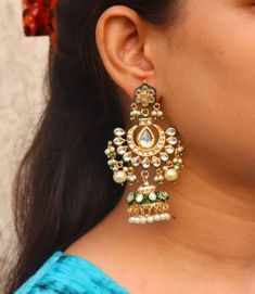 Bollywood Jhumka Earrings Jewelry Jewellery Set, Indian Kundan Pearls Traditional Handmade Pearls Style Jhumka Pakistani Jewellery Set Adorn yourself with these beautiful Earrings set and look more beautiful with these beautifully hand-painted earrings. ITEM DESCRIPTION Metal = Gold Plated Occasion = Wedding, Party Wear, Bridal Color = Clear and Yellow Weight = 30 gram each Length = 9 CM Happy Buying :) Green Earrings For Anniversary And Festivals, Green Temple Jewelry Earrings For Wedding, Green Pierced Bridal Earrings For Wedding, Wedding Chandbali Single Dangler Earring, Temple Jewelry Style Danglers For Wedding, Temple Jewelry Danglers For Weddings, Temple Jewelry Wedding Danglers, Pierced Earrings For Wedding And Festivals, Green Dangle Hoop Earrings For Wedding