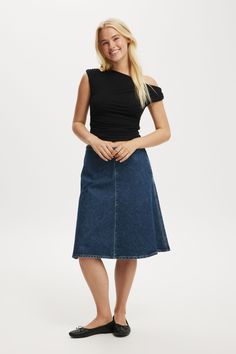 DENIM MID RISE SKIRT Mid Denim Skirt, Mid Rise Skirt, A Line Denim Skirt, Glamorous Fashion, Casual Knitwear, Midi Denim, Long Sleeve And Shorts, Denim Skirt Women, Denim Skirts