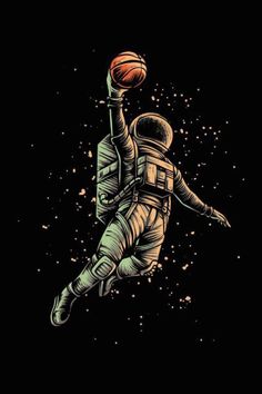 an astronaut floating in the air with a basketball