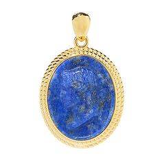 All eyes will be on you when you enter a room wearing this captivating cameo pendant! The stunning light blue glass or lapis cameo really stands out next to the polished 18K Gold Embraced™ sterling silver. Everyone around you will want to get a closer look so they can admire the lovely portrait. Simply slip this pretty piece on a chain of your choice to create a classically beautiful accessory! Blue 14k Gold Oval Cabochon Jewelry, Luxury Cameo Jewelry With Oval Pendant, Gold Oval Lapis Lazuli Jewelry, Oval Gold Lapis Lazuli Jewelry, Gold Oval Pendant With Cameo Detail, Brass Cameo Oval Pendant Jewelry, Luxury Oval Lapis Lazuli Jewelry, Oval Cabochon Pendant In Brass, Elegant Lapis Lazuli Oval Pendant Jewelry