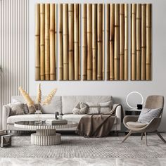 the living room is decorated with modern furniture and bamboo wall art on it's walls