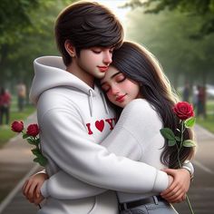 a painting of two people hugging each other with roses in front of them and the background is blurry