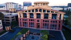 an aerial view of a building in the city