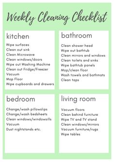 a green cleaning checklist with the words'weekly cleaning checklist'in black and white