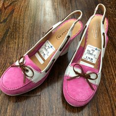 Gorgeous Pink Coach Wedge Boat Shoes Casual Coach Leather Heels, Casual Leather Coach Heels, Coach Casual Wedge Sandals For Spring, Coach Casual Closed Toe Heels, Chic White Coach Heels, Casual Closed Toe Coach Heels, Coach Slip-on Heels For Spring, Casual Coach Closed Toe Heels, Casual Coach High Heels