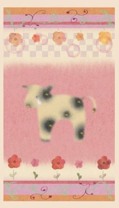 a painting of a cow on a pink background with flowers and swirls around it