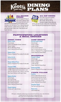 the menu for knott's dining plans is shown in purple and white checkered