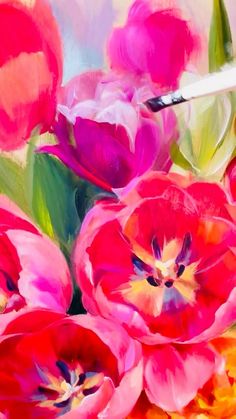 an oil painting of red and pink tulips