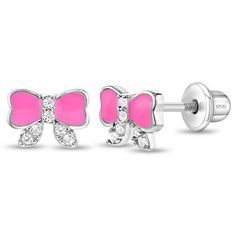 These bubble gum pink enamel bow earrings are sweet and lovely for little girls. Cubic zirconia adds a fun sparkle to the silver bow earrings and the 925 sterling silver makes this pair hypoallergenic and safe for sensitive ears. They feature threaded posts and a safety back system to ensure your child's earrings stay comfortably in place. Complimentary gift box is included for easy gift giving! Teen Necklaces, Teen Earrings, Teen Jewelry, Baby Earrings, Kids Rings, Kids Earrings, Kids Necklace, Earring Post, Women's Jewelry Sets