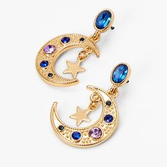 Claire's Gold 1" Crescent Moon Star Drop Earrings - Blue Celestial Blue Pierced Earrings, Blue Celestial Pierced Earrings, Blue Moon-shaped Earrings With Moon Charm, Blue Crescent Moon Charm Earrings, Blue Dangle Earrings With Moon Charm, Blue Moon Shaped Earrings With Moon Charm, Celestial Purple Dangle Earrings, Purple Celestial Dangle Earrings, Blue Star-shaped Celestial Earrings