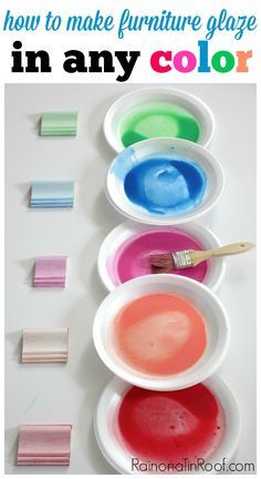 three bowls with different colors of paint on them and the words how to make furniture glaze in any color