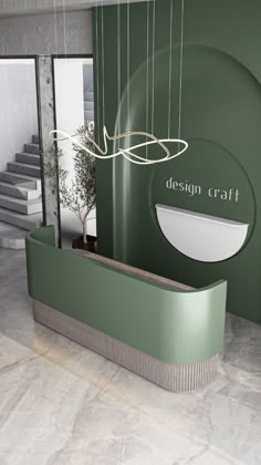 the interior of a modern office building with green walls and marble flooring that has a circular sign reading design craft hanging from it's ceiling