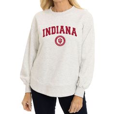 Spruce up your wardrobe by grabbing this Indiana Hoosiers Yvette Pullover Sweatshirt. This sweatshirt has a relaxed fit for maximum comfort, and the balloon sleeves add plenty of style. Complete with distinct Indiana Hoosiers graphics, this midweight top is just what you need for game day. Casual Balloon Sleeve Tops, Fall Campus Relaxed Fit Sweater, Relaxed Fit Fall Campus Sweater, Relaxed Fit Sweater For College, Relaxed Fit Fall Sweater For Campus, Varsity Style Relaxed Fit Top For Fall, Relaxed Fit Sweatshirt For Fall Campus Wear, Collegiate Fall Top For Campus, Oversized Collegiate Sweats For Fall