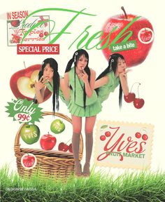 two girls are standing in front of an advertisement for apples