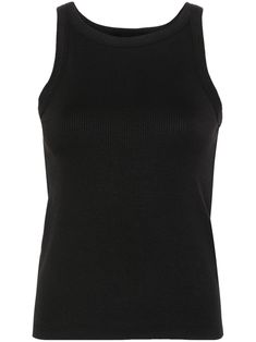 black fine ribbed round neck sleeveless mini logo tag to the side straight hem Ribbed Knit Tank Top, Black Tank Top With Ribbed Neckline For Summer, Black Tops With Ribbing And Stretch, Fitted Ribbed Tank Top With Crew Neck, Black Fitted Tank Top, Black Ribbed Neckline Tank Top For Summer, Ribbed Crew Neck Tank Top, Solid Sleeveless Ribbed Top, Black Stretch Tops With Ribbing