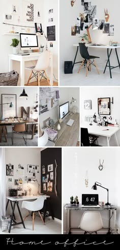 the collage shows various desks and chairs in different positions, with pictures on them