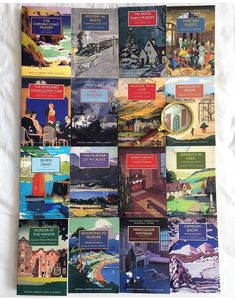 a collage of many different books on a white sheet that is laying on a bed