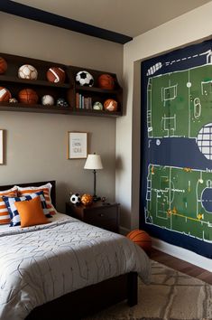 a bedroom with a sports themed wall hanging above the bed and basketballs on the shelves