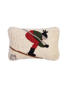 Downhill Skier Hooked Wool Pillow Weston Table Rug Hooking Patterns Free, Hand Hooked Pillows, Ski Cabin Decor, Winter Pillows, Hooked Pillow, Dash And Albert Rugs, Rug Hooking Patterns, Hooked Wool, Wool Pillow