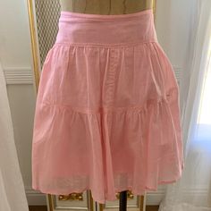 J. Crew Women's Tiered Cotton Voile Mini Skirt Style:J3853 Size: 4 100% Cotton 15.5” Laying Flat Length 18” Color Pink Spring Knee-length Flowy Skort, Flowy Knee-length Skort For Spring, Spring Knee-length Lined Skort, Spring Short Gathered Skirt, Feminine Lined Skirt, Relaxed Fit Skort For Daywear, Relaxed Skort For Daywear, Spring Daywear Pleated Skort, Feminine Knee-length Lined Mini Skirt