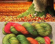 two pictures with different colors of yarn next to a tree in the fall and autumn