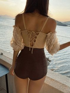 ⚡️Buy Patchwork Lace Tie Back One Piece Swimsuit Brown XL under $27.00 in One-Piece Swimsuits Online. Style: Sexy. Color: Brown. Fabric Content: Polyester, Polypropylene. Fit Type: Slim fit. Neckline: Off the Shoulder. Sleeve Length: Short Sleeve. Design: With Padded Cups, Wire Free, Criss Cross Tie Strap Detailing At Back, Adjustable Shoulder Straps, Frill Trim. ✓2022 SPRING DROPS✓Free Shipping on all orders over $59. Check reviews and order Patchwork Lace Tie Back One Piece Swimsuit today. Swimsuit Brown, Suits Korean, Floral Swimwear, Spaghetti Strap Mini Dress, Swimwear Women, Costume Intero, Monokini, Swim Suit, One Piece Swimwear