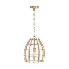 a light fixture hanging from the ceiling with a caged design on it's side