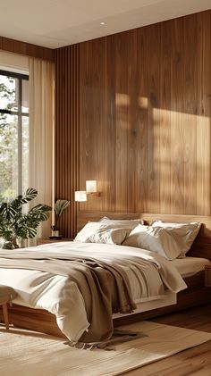 a bedroom with wood paneling and white linens on the bed, along with potted plants