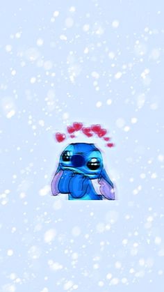 an image of a blue alien with hearts on his head in the snow, looking at something